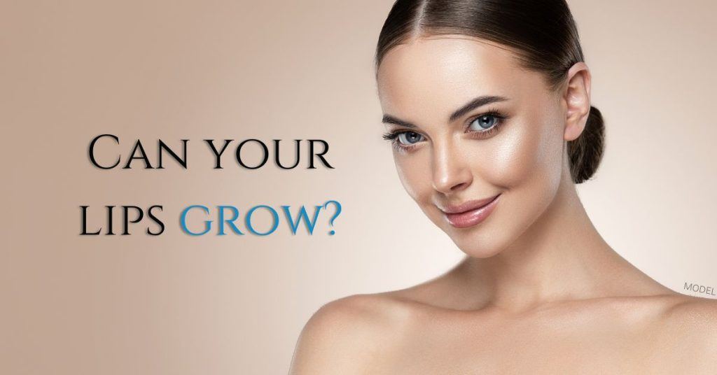 Woman with plump lips (model) next to text 'Can your lips grow?'