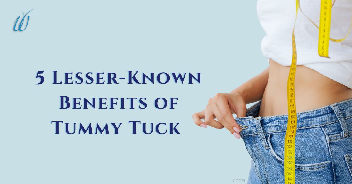 woman pulling on jeans waistband and yellow measuring tape
