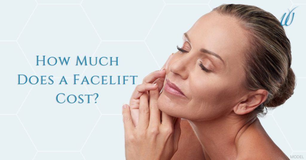 How Much Does a Facelift Cost? (With model image of a woman with her eyes closed, touching her face)