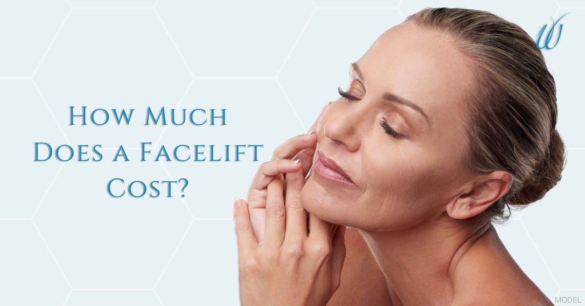 How Much Does a Facelift Cost? (With model image of a woman with her eyes closed, touching her face)